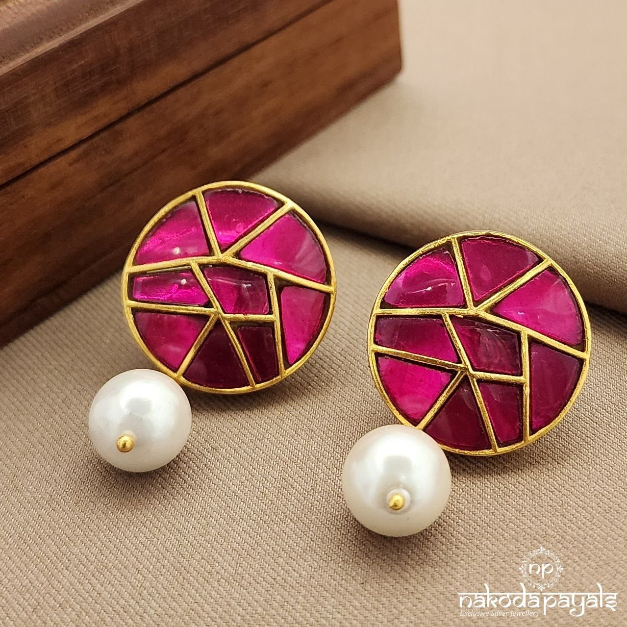 Pretty Pink Pearl Drop Kundan Studs (Ge9722)