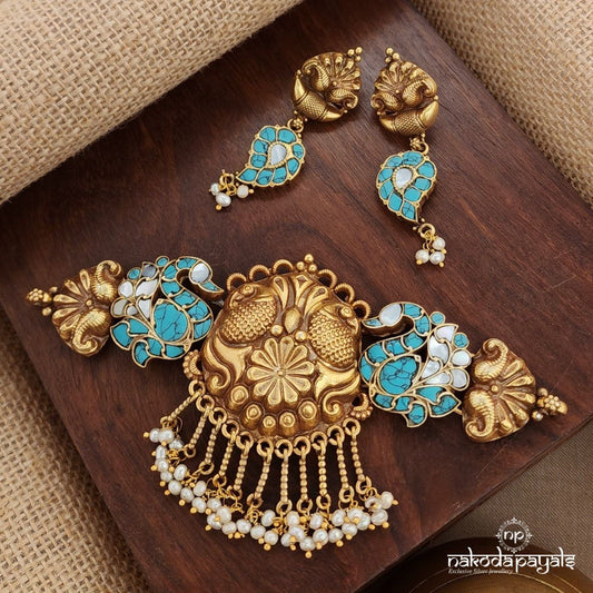 Turquoise Twin Peacock Choker With Earrings (Gn9154)