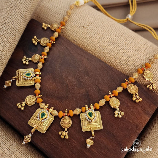 Sunset Coral Square Ball Drops Kundan Neckpiece (Gn9207)