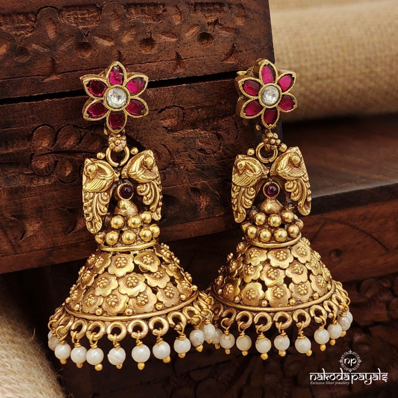 Pink Floral Twin Peacock Kundan Jhumka (Ge9676)