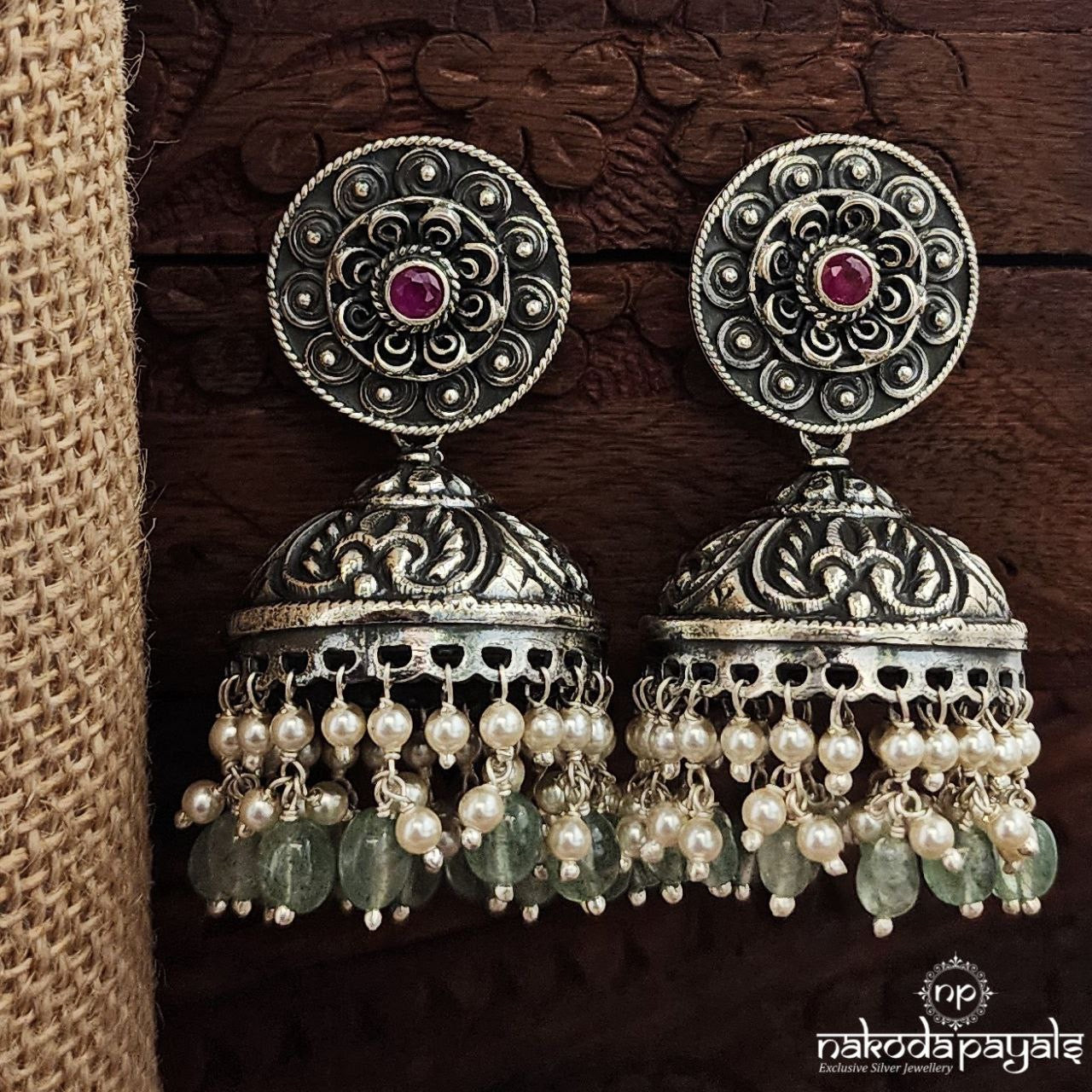 Oxidised Charm Green Drops Jhumka (J1403)
