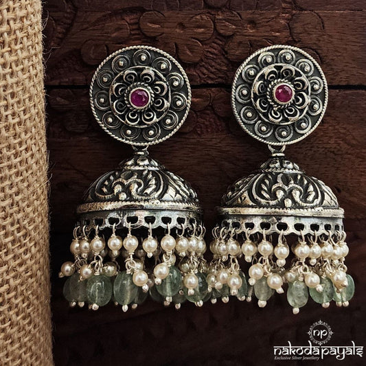 Oxidised Charm Green Drops Jhumka (J1403)