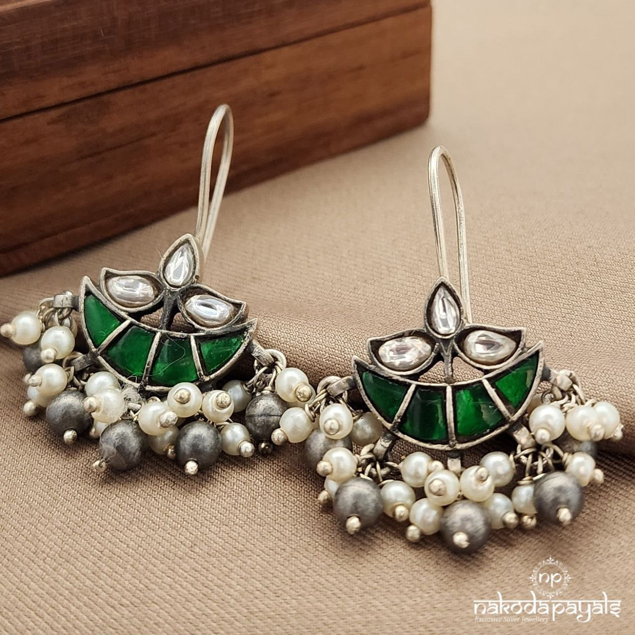 Green Half Moon Pearly Kundan Earrings (C3608)
