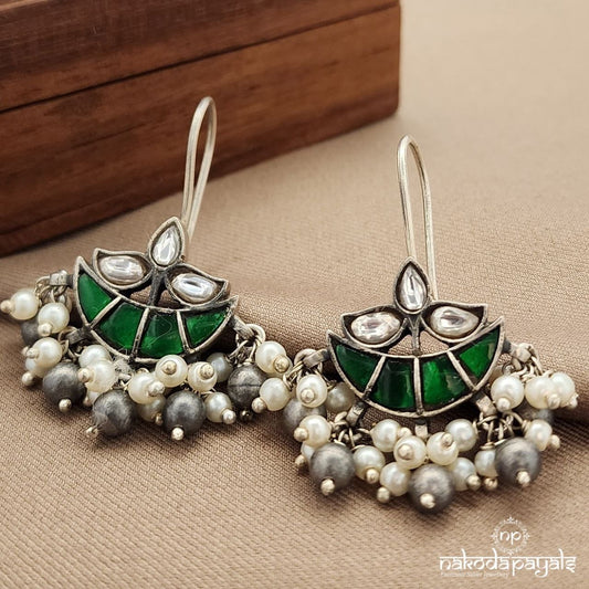 Green Half Moon Pearly Kundan Earrings (C3608)