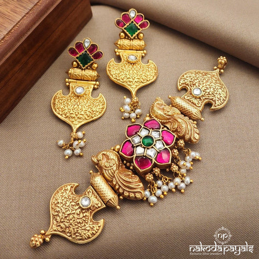 Twin Peacock Pearl Drops Kundan Choker With Earrings (Gn9249)