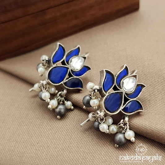 Blue Flower Pearl Drops Earrings (C3601)