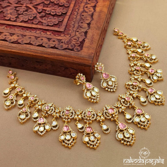 Stunning Pink Moissanite Neckpiece With Earrings (Gn10796)