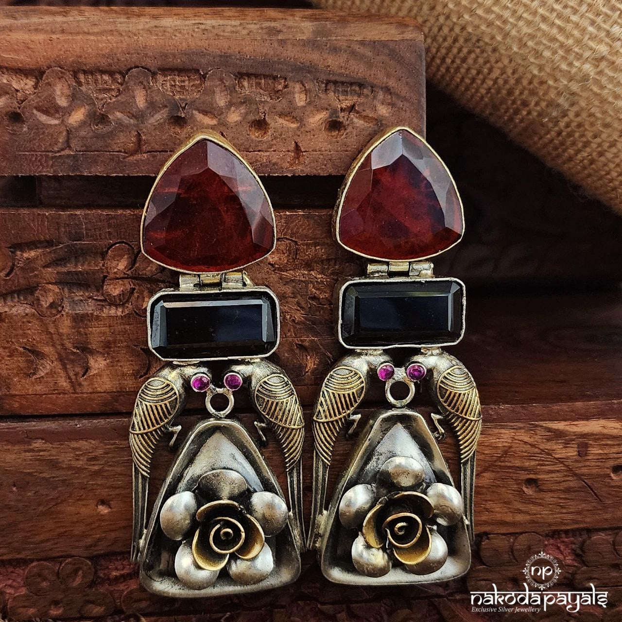 Twin Parrot Floral Dual Tone Earrings (Dt1356)