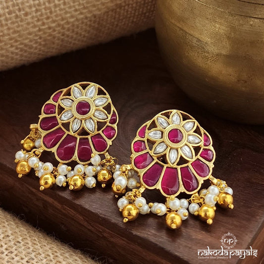 Pink Floral Pearly Kundan Earrings (Ge9566)