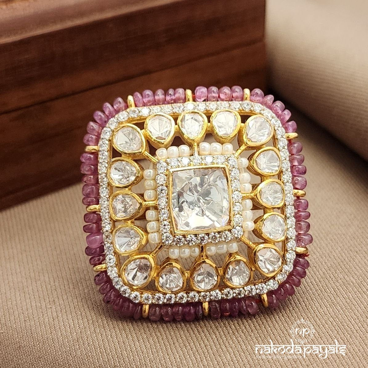 Pink Sparkling Squarish Moissanite Finger Ring (F2862)