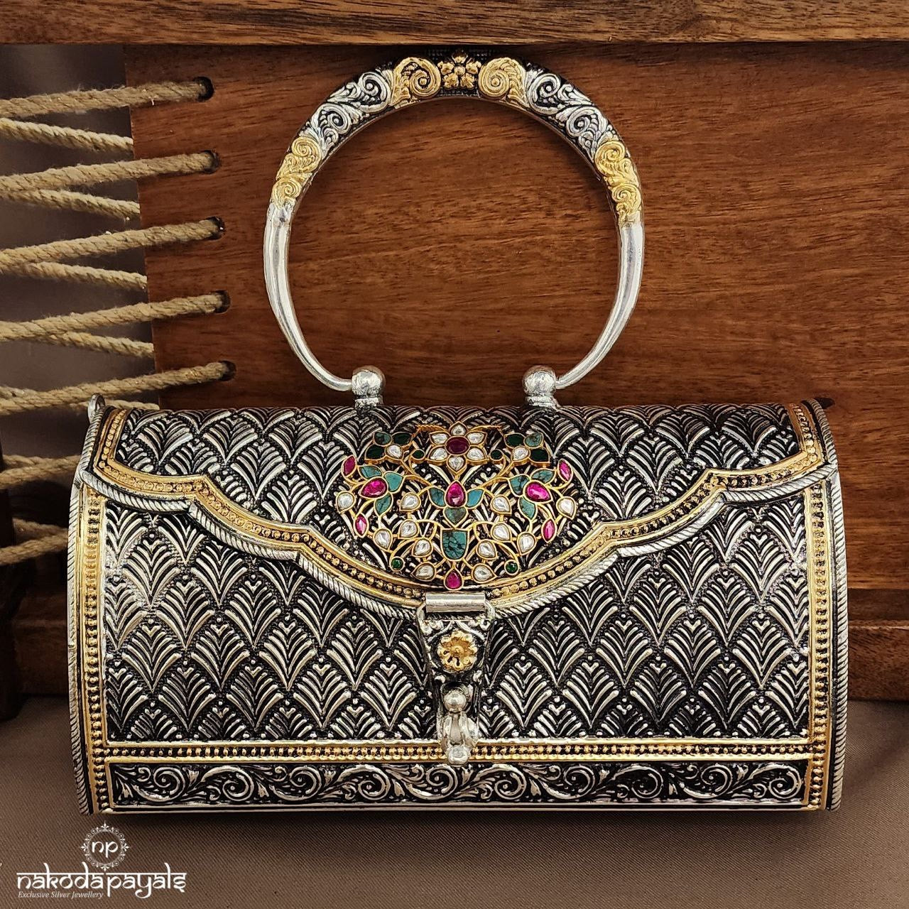 Multicoloured Floral Dual Tone Kundan Purse (Esa312)