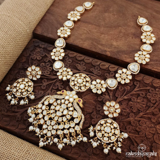 Sparkling Twin Peacock Moissanite Neckpiece With Earrings (Gn9141)