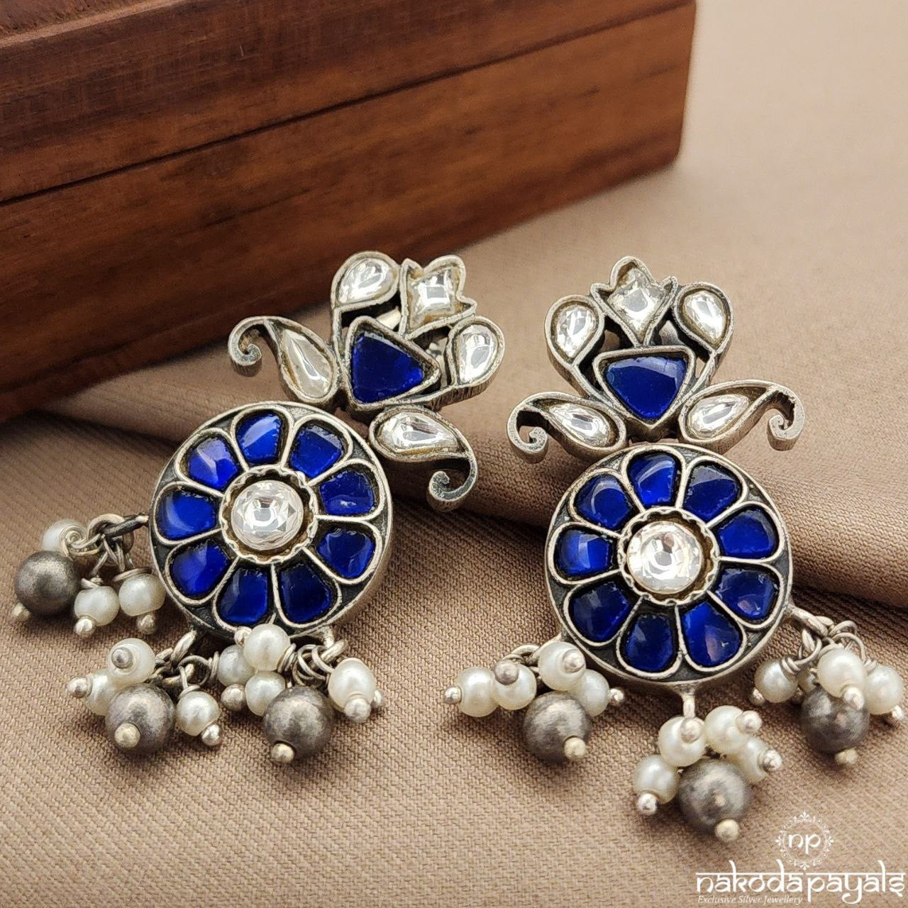 Blue Floral Pearl Drops Kundan Earrings (C3618)