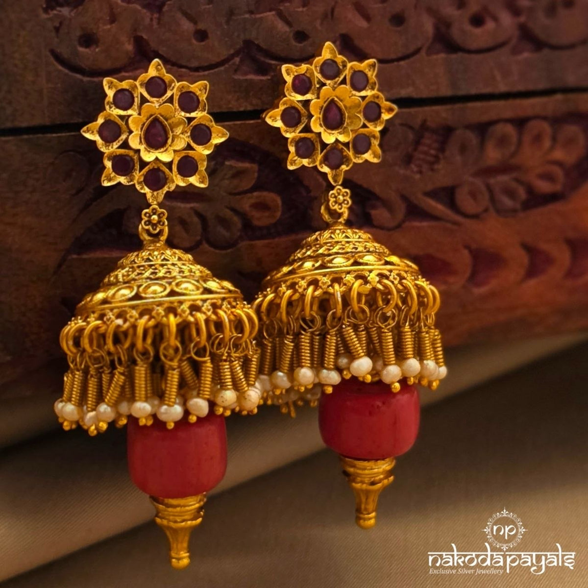 Elegant Floral Coral Jhumka (Ge11491)