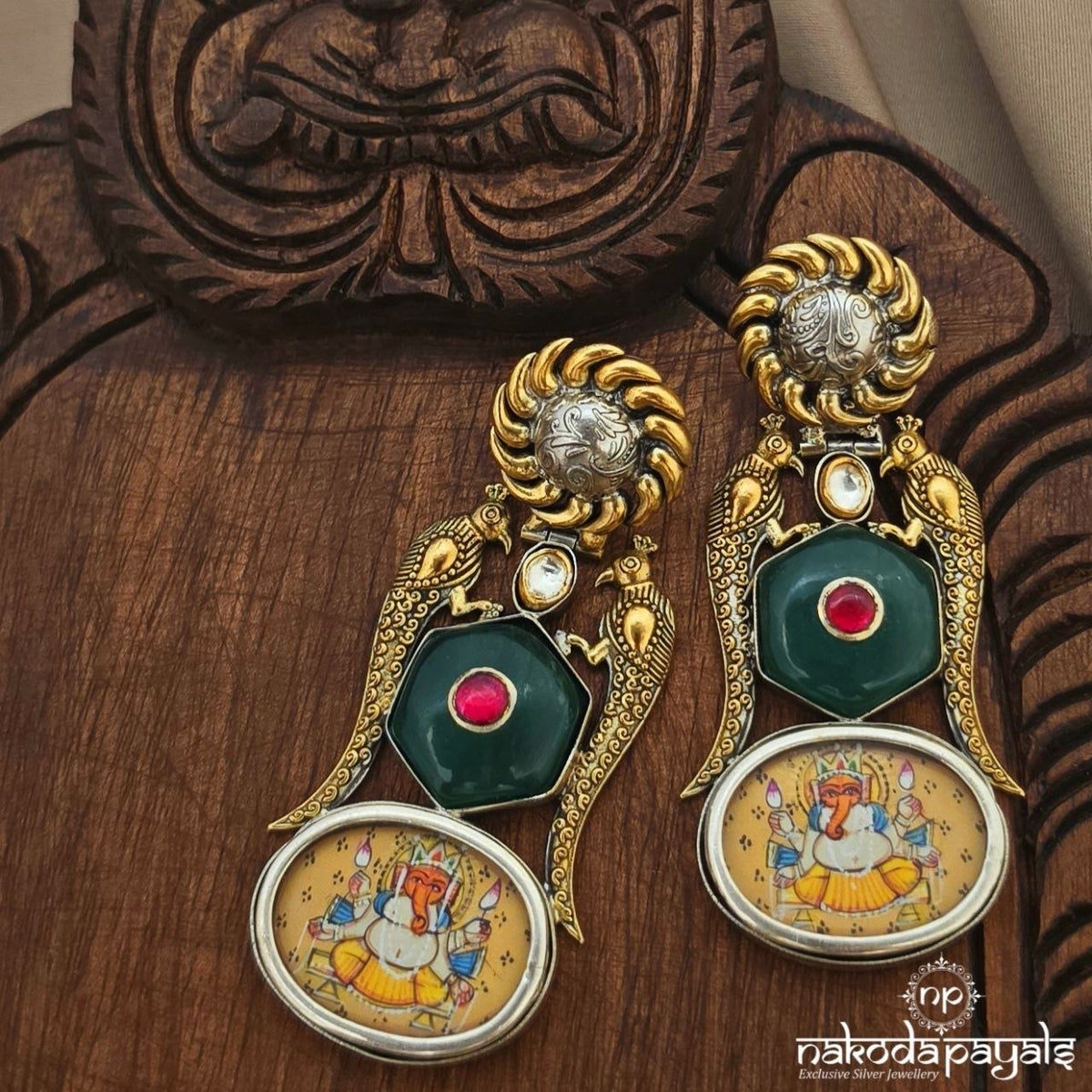Jade Hand Painted Dual Tone Earrings (C4292)