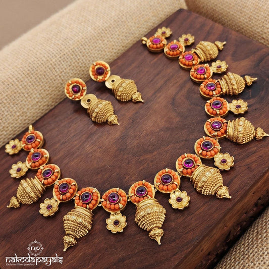 Coral Floral Drops Neckpiece With Earrings (Gn9143)