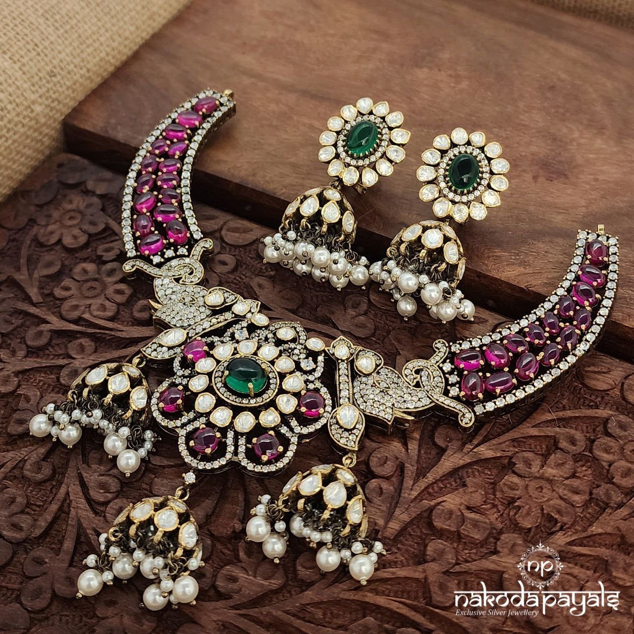 Pink Pearl Drops Moissanite Neckpiece With Earrings (Gn9140)