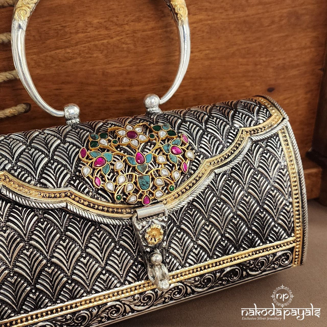 Multicoloured Floral Dual Tone Kundan Purse (Esa312)