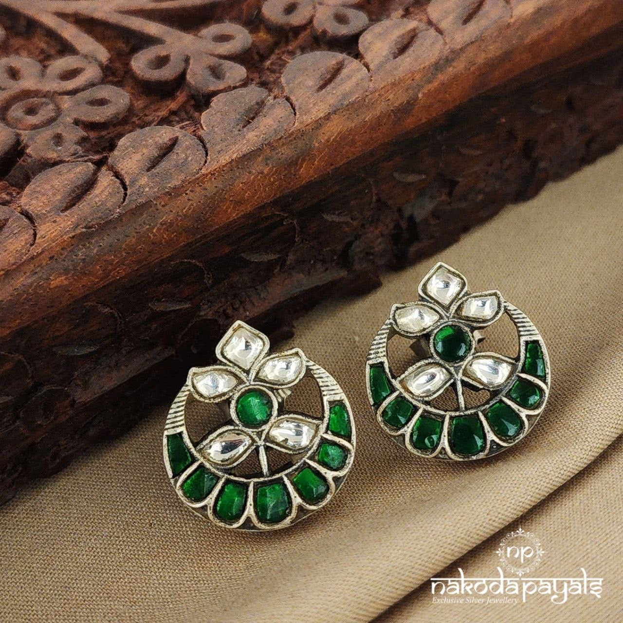 Green Flower Moon Kundan Studs (C7736)