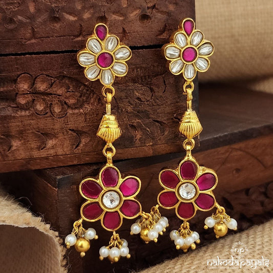 Pink Floral Pearl Drops Earrings (Ge9542)
