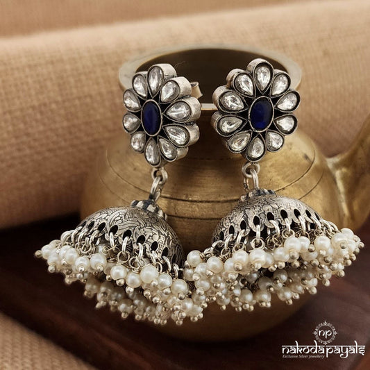 Royal Blue Pearl Drops Kundan Jhumka (J1353)