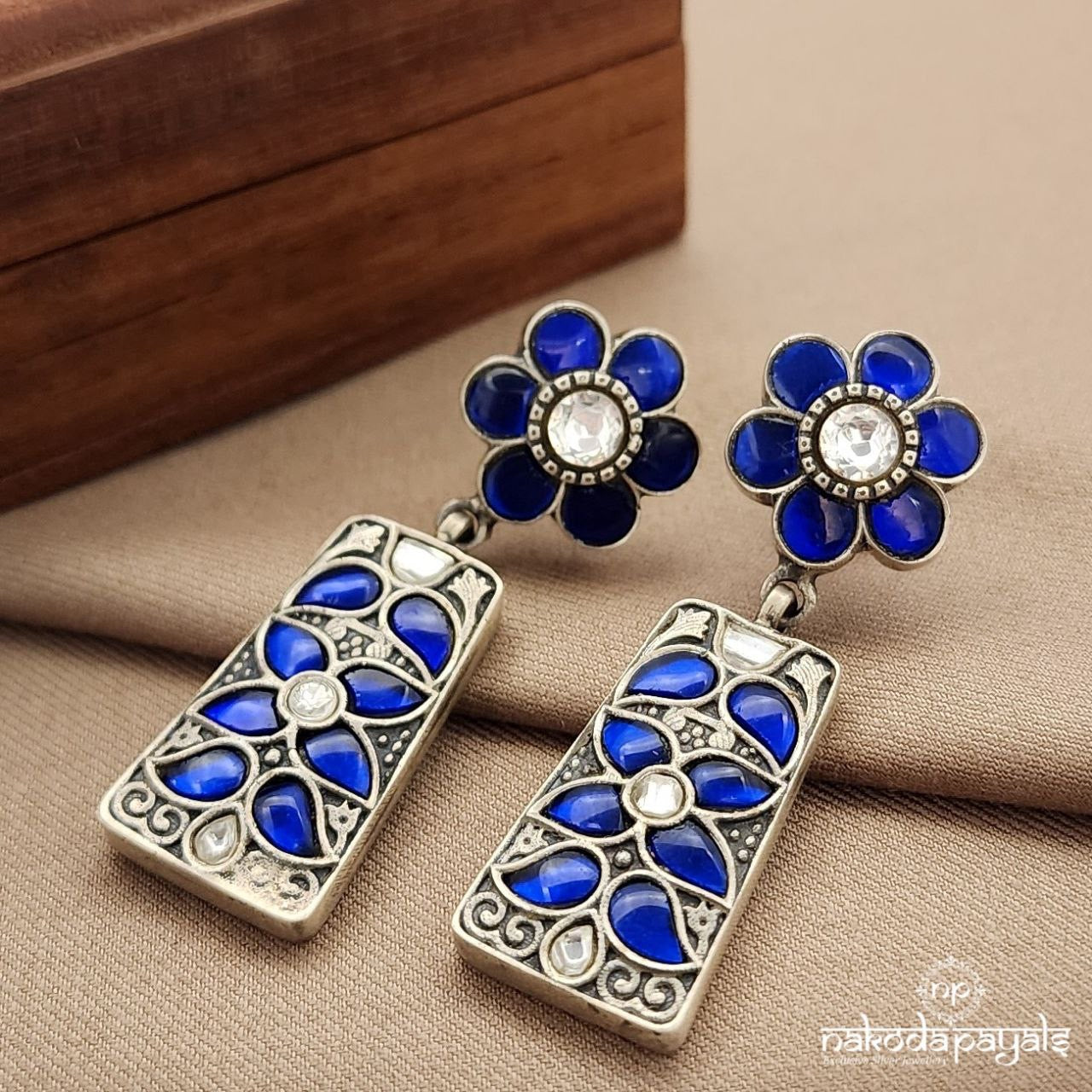 Royal Blue Floral Drop Kundan Earrings (C3607)