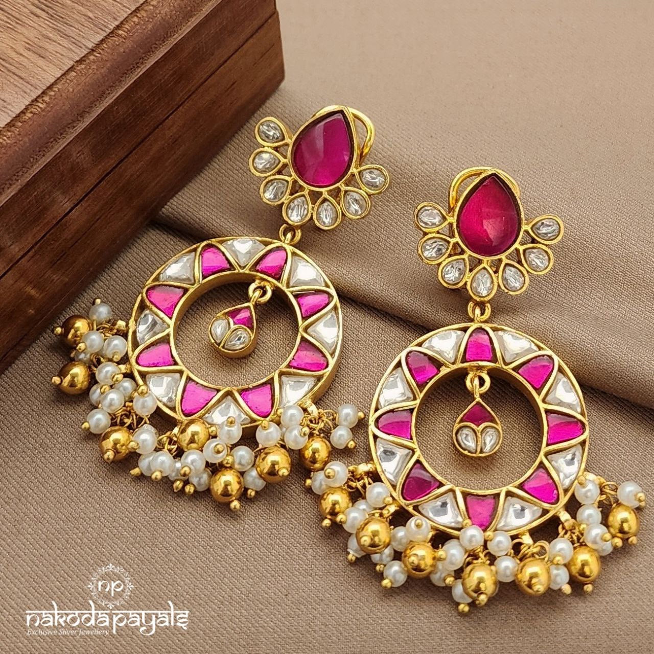 Pink Leaf Drop Kundan Chandbali (Ge9695)