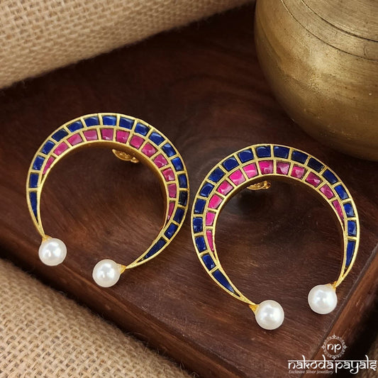 Blue Pink Half Moon Kundan Earrings (Ge9557)
