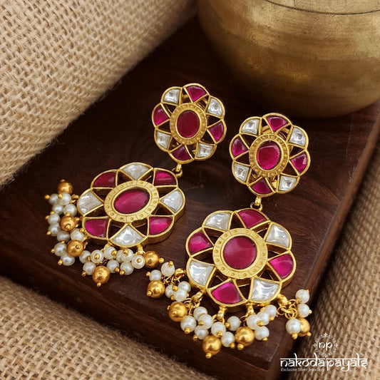 Pink Flower Pearl Drops Kundan Earrings (Ge9564)