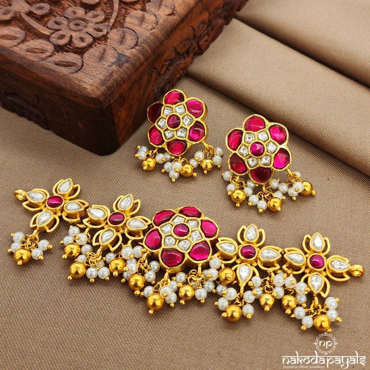 Blush Pink Pearl Drops Kundan Choker With Earrings (Gn9127)