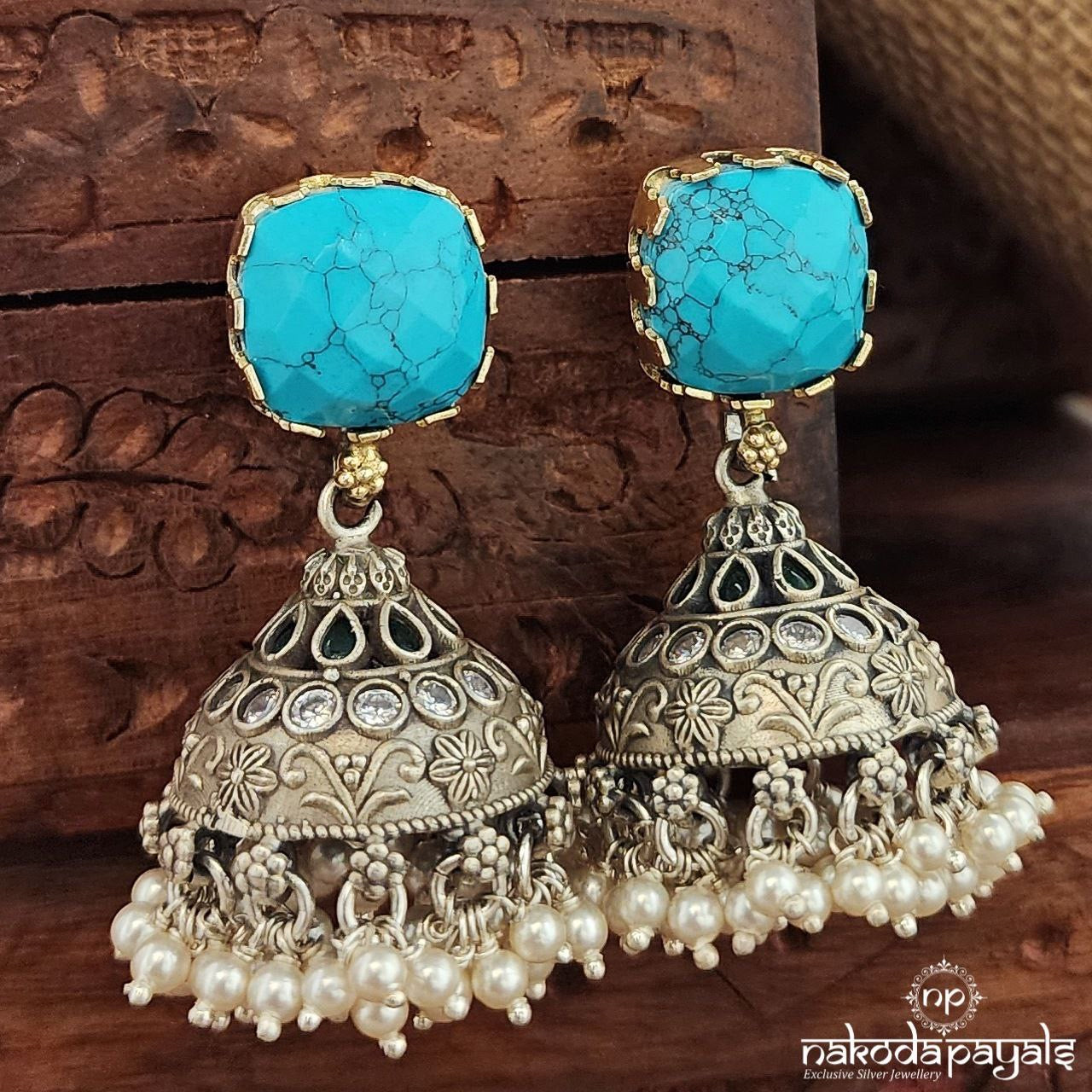 Turquoise Pearl Drops Dual Tone Jhumka (Dt1339)