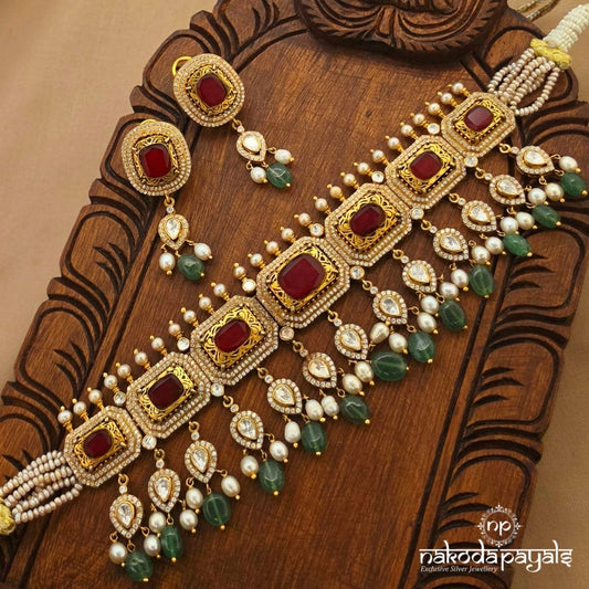 Ruby Green Drops Moissanite Choker With Earrings (Gn11027)