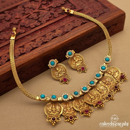 Turquoise Kasu Neckpiece With Earrings (Gn10320)