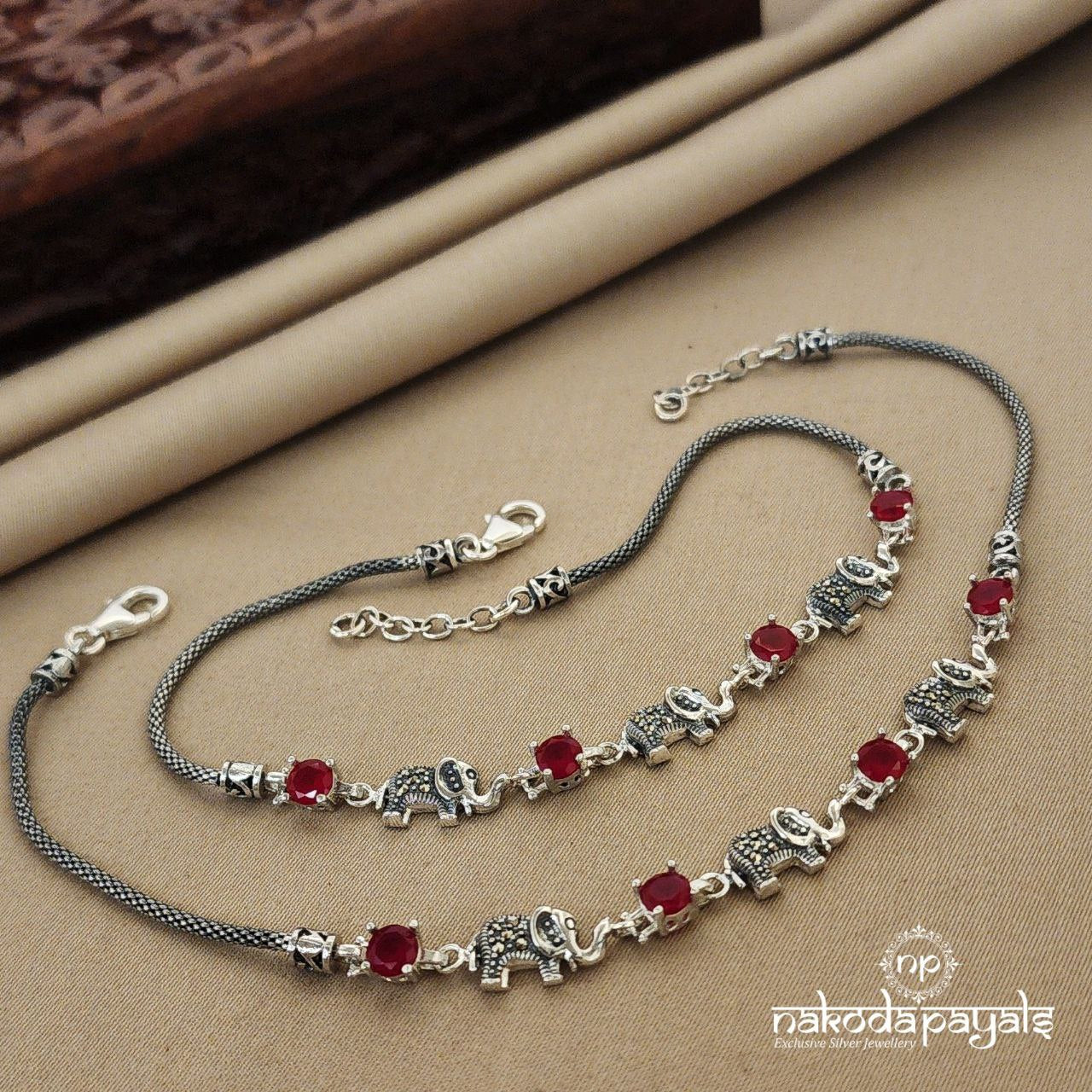 Ruby Elephnats Marcasite Anklets (A5229)