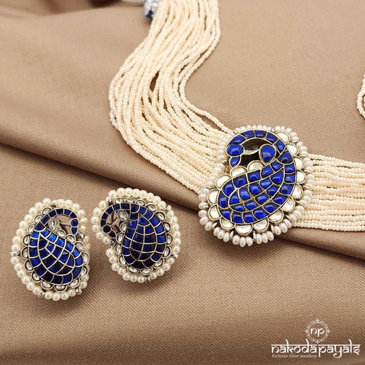 Royal Blue Peacock Clustered Beads Kundan Choker With Earrings (C10981)