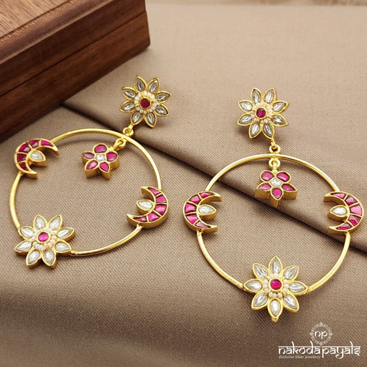 Pink Floral Drop Half Moon Kundan Earrings (Ge9698)