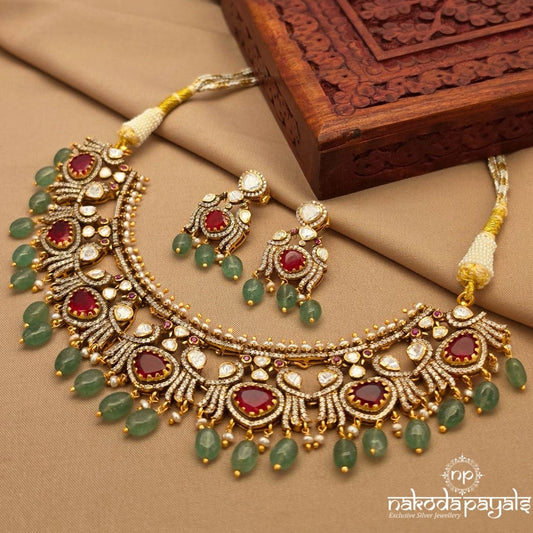 Ruby Twin Birdie Moissanite Neckpiece With Earrings (Gn10230)
