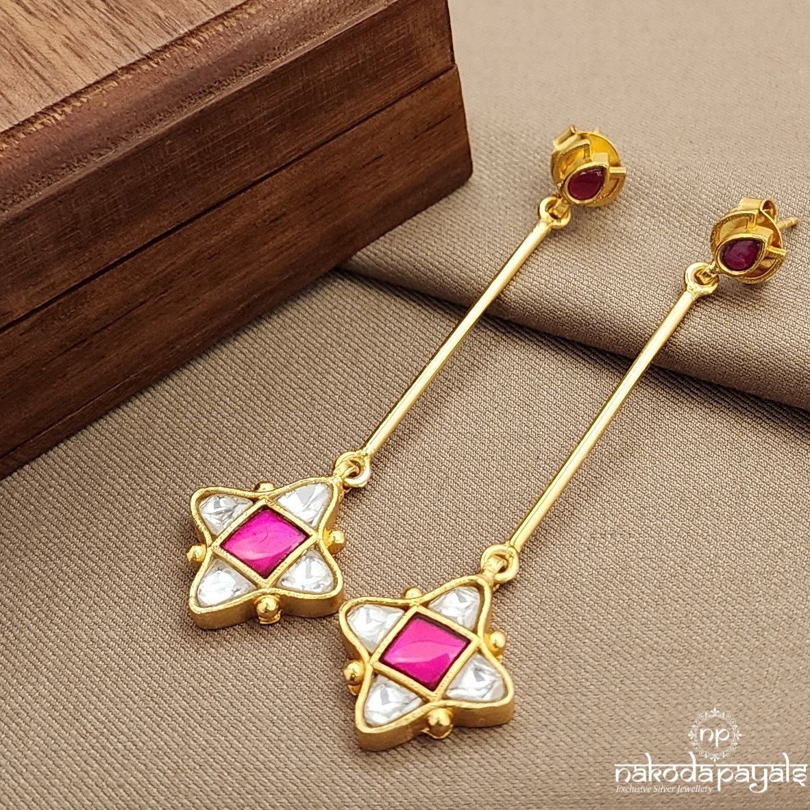 Pink Square Drop Kundan Earrings (Ge9701)