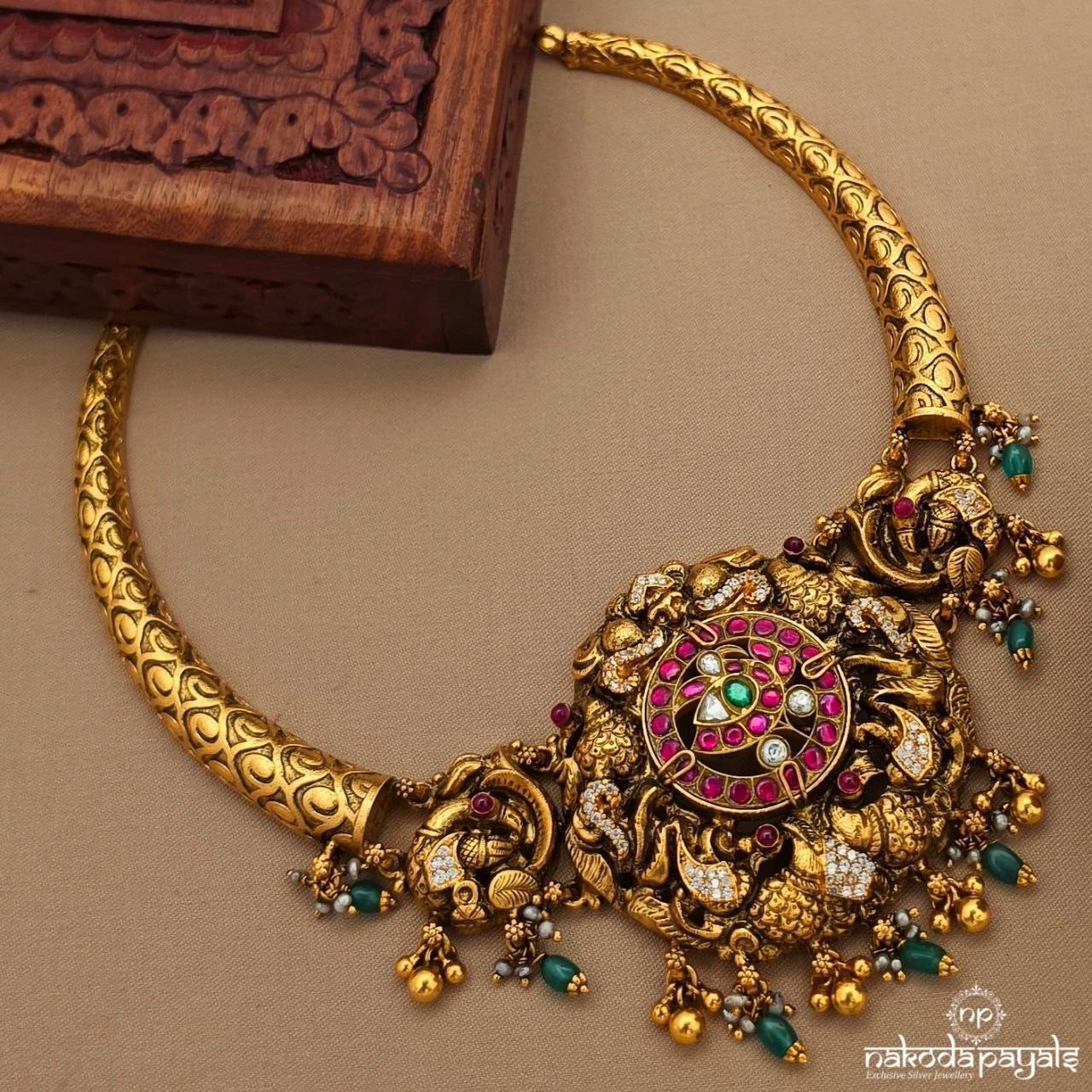 Twin Peacock Green Drops Neckpiece (Gn10431)