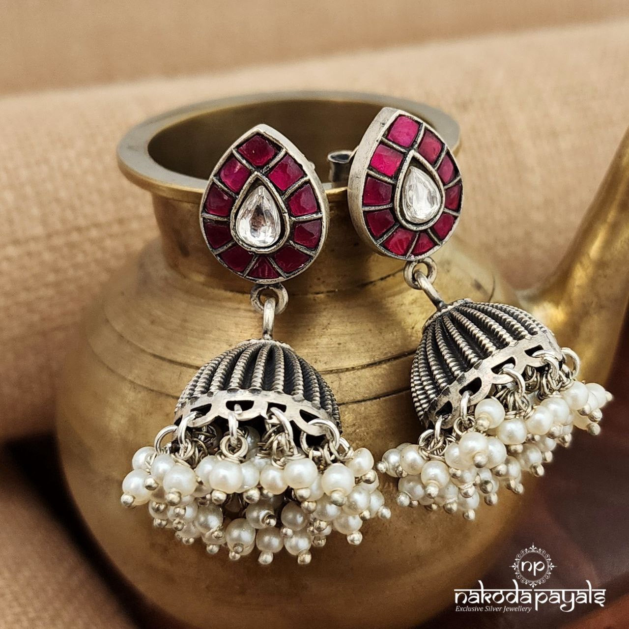 Blush Pink Leafy Pearl Drops Jhumka (J1349)