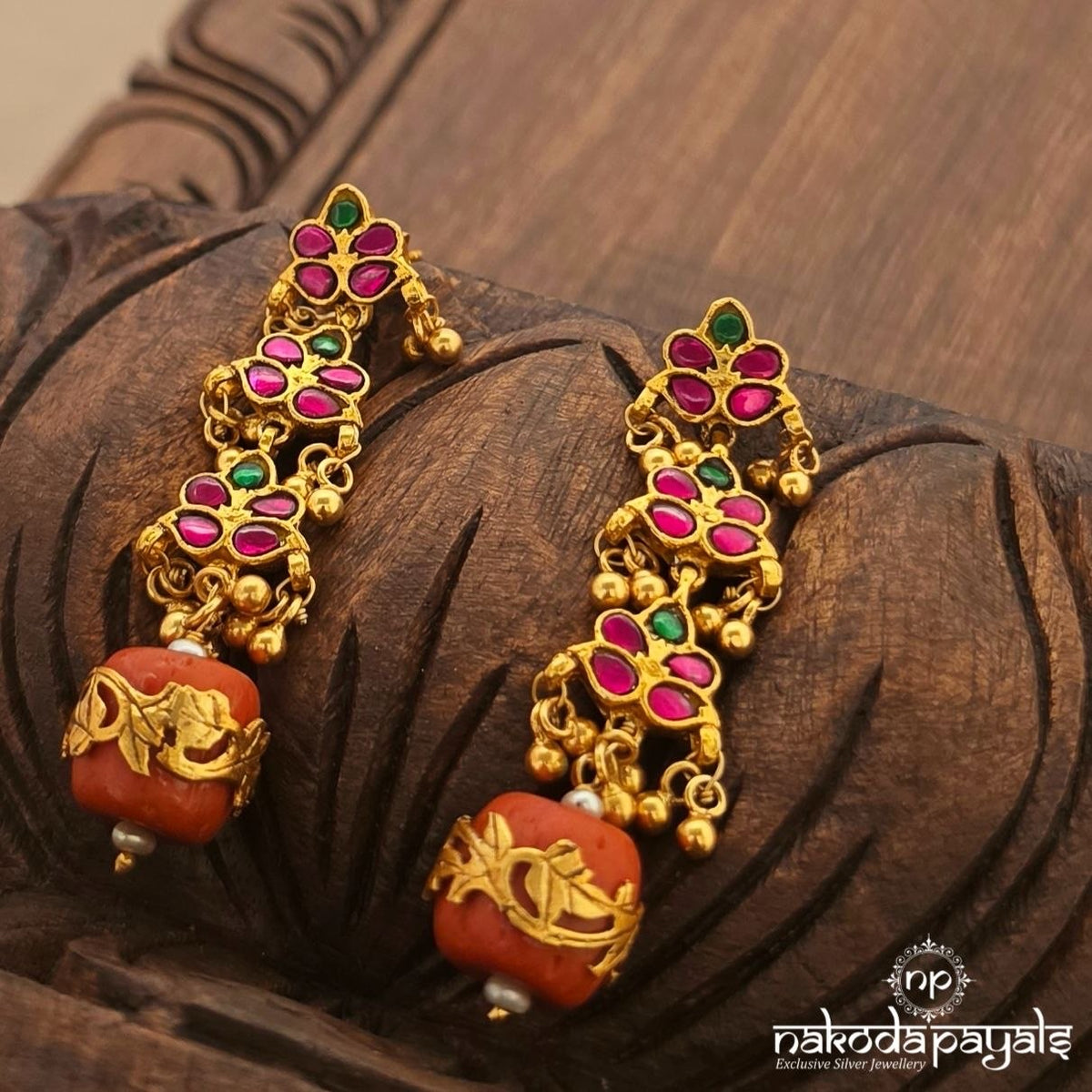 Coral Drop Kundan Earrings (Ge11518)