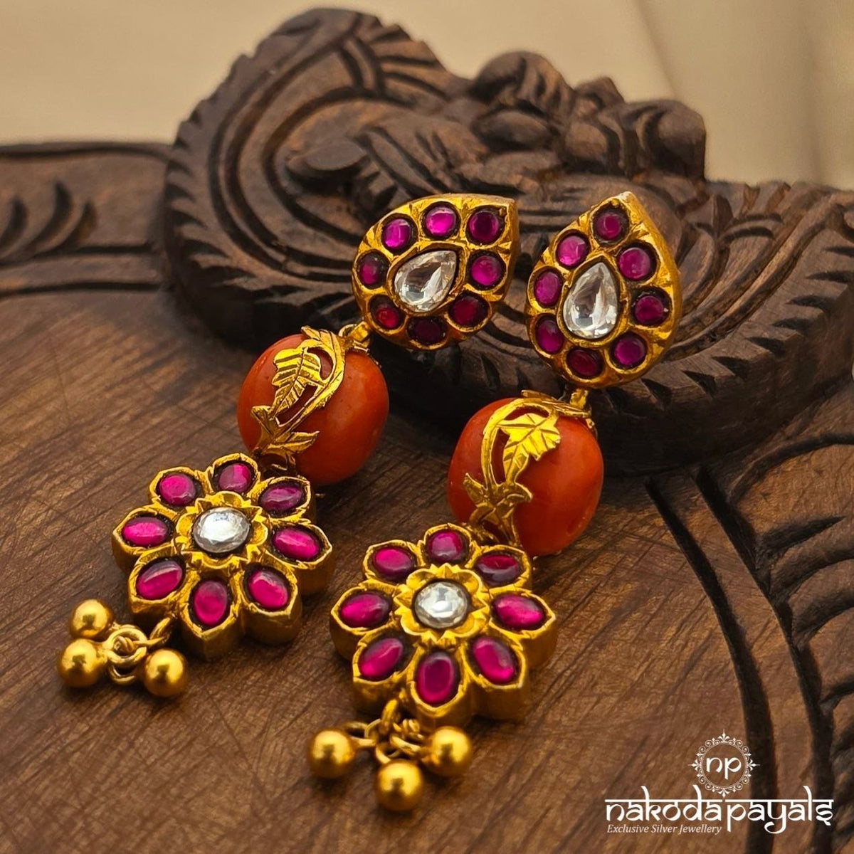 Coral Floral Kundan Earrings (Ge11524)