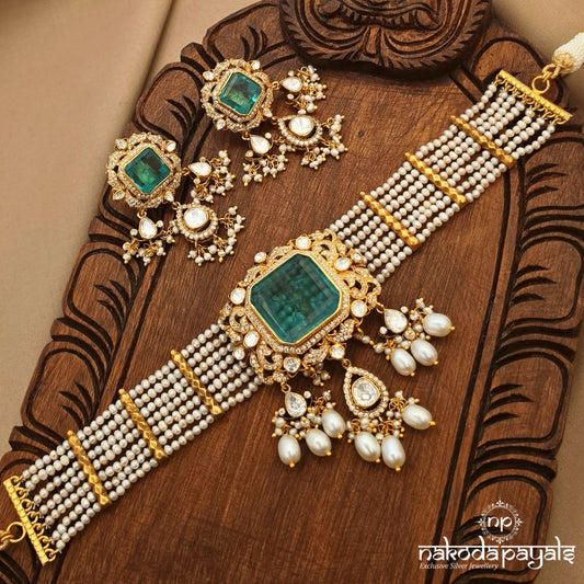 Emerald Pearly Moissanite Choker With Earrings (Gn10979)