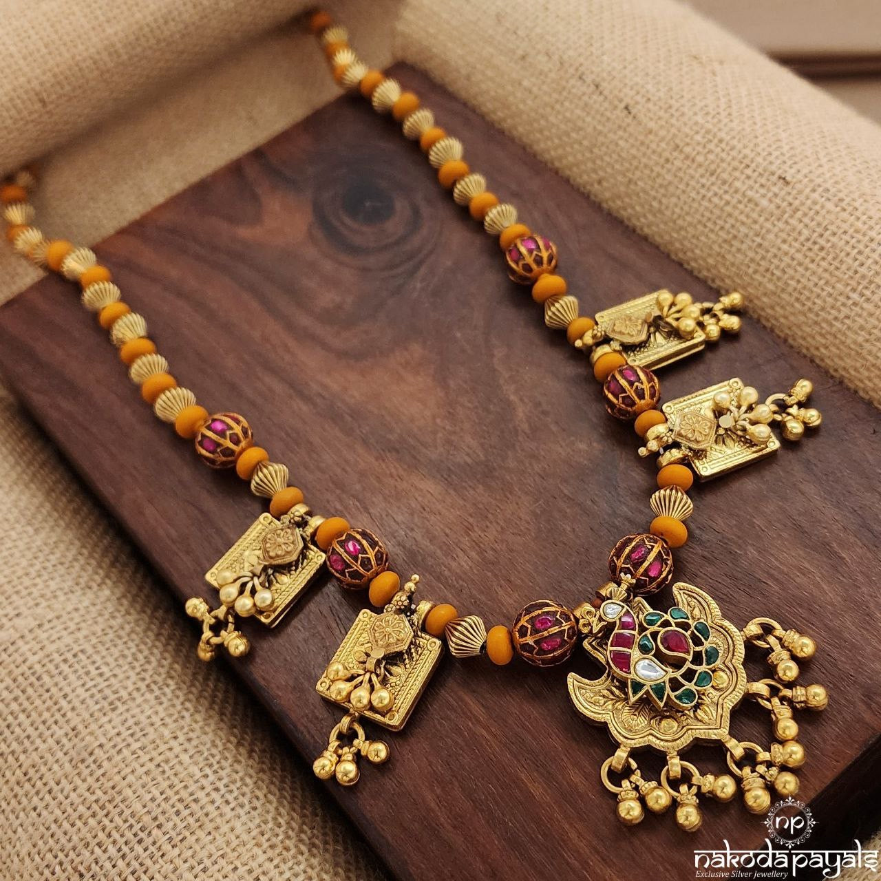 Coral Square Peacock Drop Kundan Neckpiece (Gn9201)