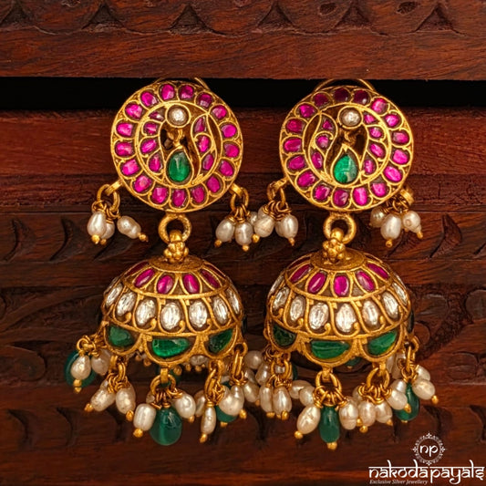 Pink Peacock Pearled Kundan Jhumka (Ge10958)