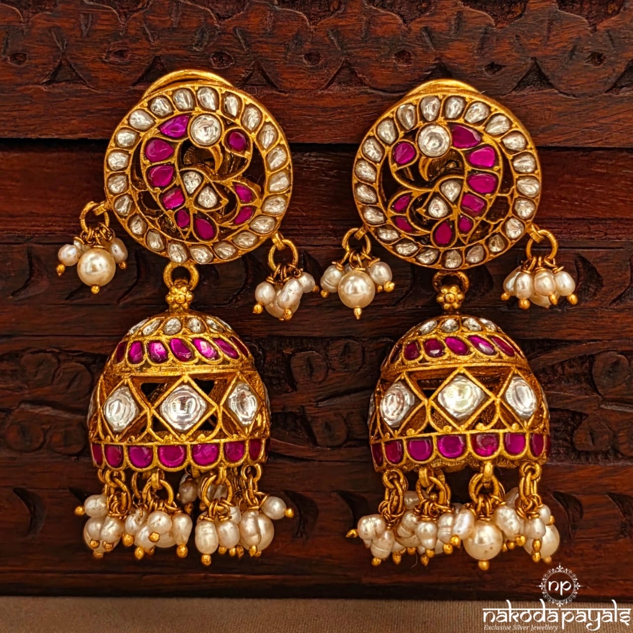 White Peacock pearl Kundan Jhumka (Ge10957)