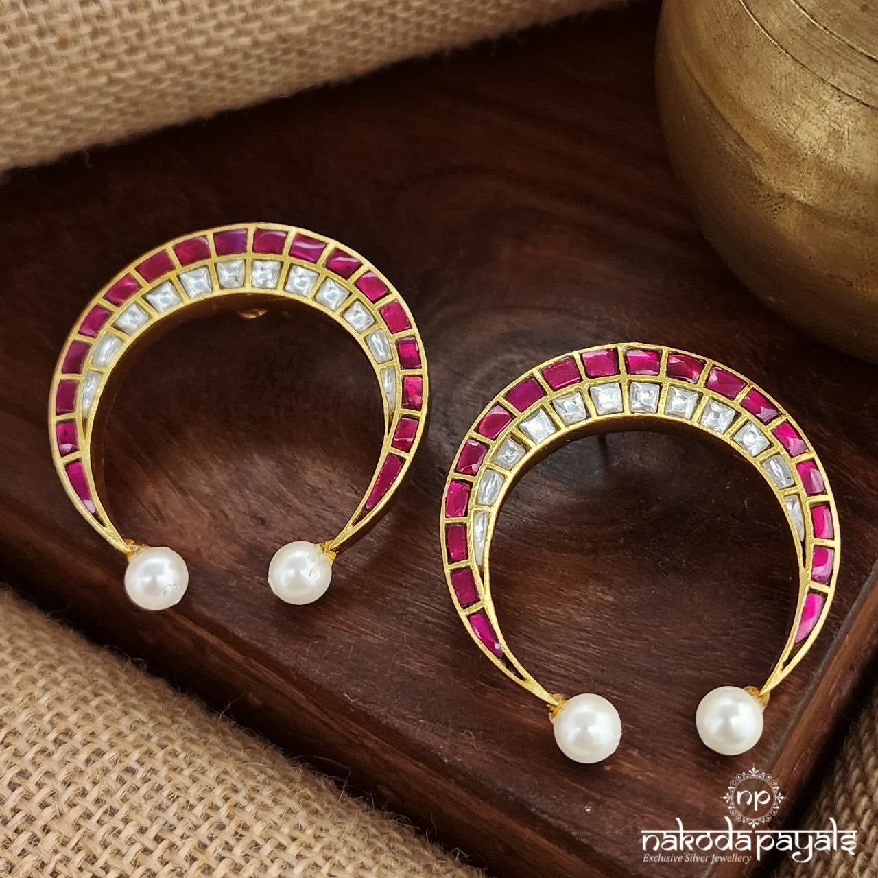Pink White Half Moon Kundan Earrings (Ge9558)