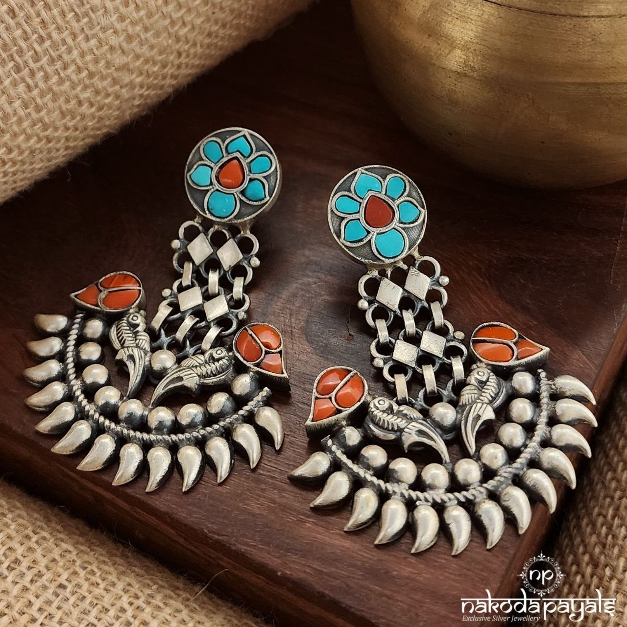 Coral Turquoise Leafy Chandbali (C3570)