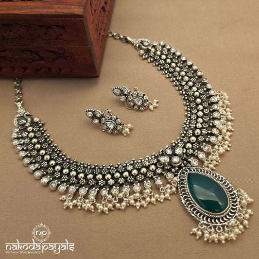 Graceful Green Leaf Drop Neckpiece With Earrings (N11901)