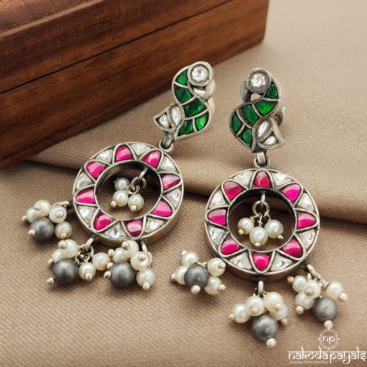 Green Pink Pearly Birdie Kundan Earrings (C3605)
